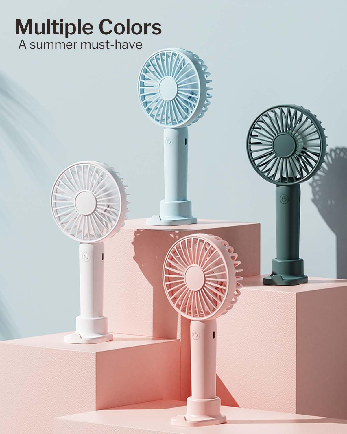 Linlinwill Portable Handheld Fan 2 Pack, USB Rechargeable Mini Fan, Ultra Quiet, 3 Speeds with Phone Holder Base, All Day Battery for Outdoor Indoor (Pink)