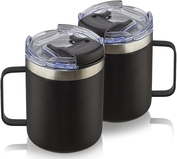 ALOUFEA 12oz Stainless Steel Insulated Coffee Mug with Handle, Double Wall Vacuum Tumbler Cup with Fliping Lid, Black, 2 Pack