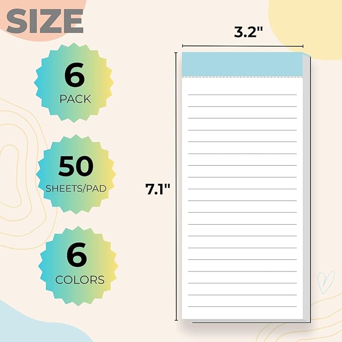 6 Pack Magnetic Notepads for Fridge, Grocery List Magnet Pad for Refrigerator, Memo Notepad with Lined Pages, 50 Sheets per Note Pads To-Do List, Shopping List(300Sheets)