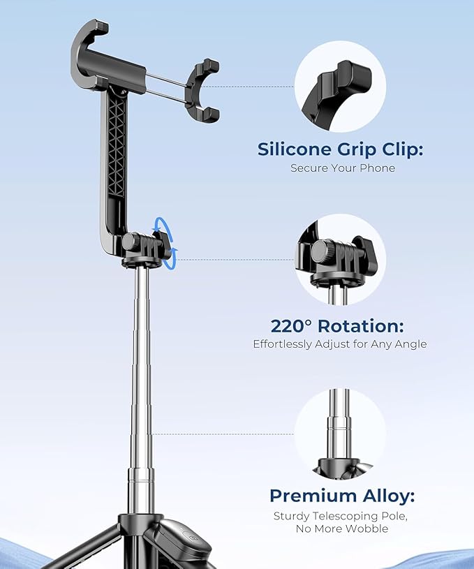 67‘’ Selfie Stick Travel Tripod, Extendable Tripod for iPhone with Wireless Remote Control and Phone Holder, iPhone Stand for Photograph, Compatible with All Cell Phones, Black