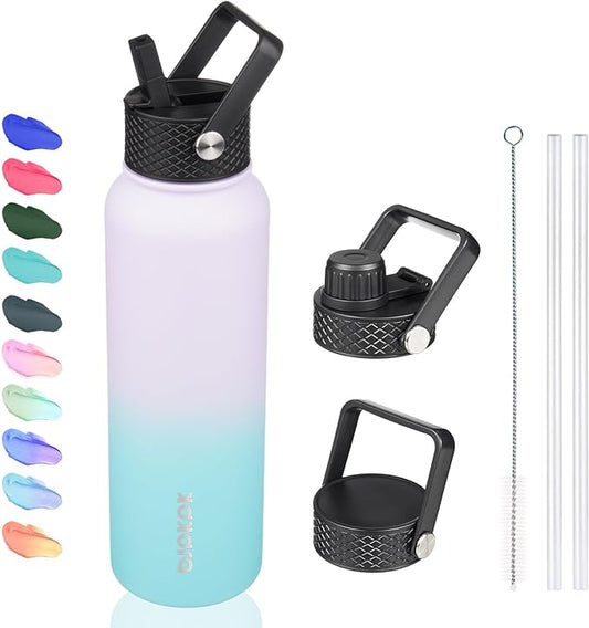 BJPKPK Insulated Water Bottles with Straw Lid, 40oz Stainless Steel Water Bottles with 3 Lids, BPA Free Leakproof Thermo, Tumblers, Cups for Sports, Gym- Lavender Green
