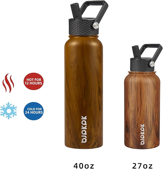 BJPKPK Insulated Water Bottles with Straw Lid, 27oz Stainless Steel Water Bottle with 3 Lids, Leak Proof BPA Free Metal Thermo, Mugs, Tumblers, Keep Cold Hot - Teakwood