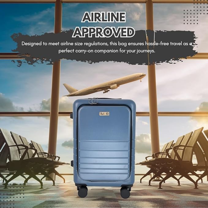 20-Inch Hardside Carry-On Luggage with Spinner Wheels – Airline Approved 22x14x9 Travel Suitcase with USB Port, Front Laptop Pocket & TSA Lock (Blue-Grey)