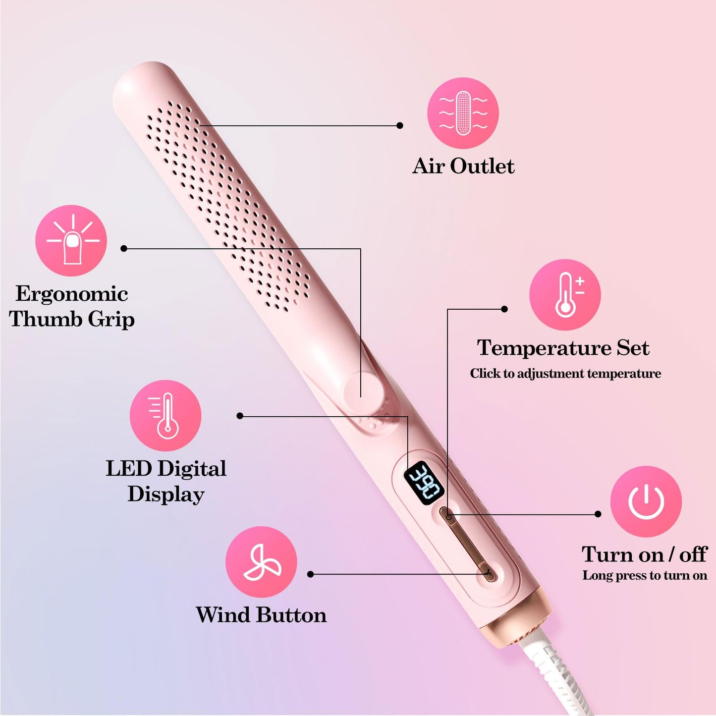 Hahahope Hair Straightener Curler 2-in-1: 1.25" Flat Iron for Women - Curling Wand 360° Airflow Cooling Vents Titanium Ionic for Less Frizz - 5 Temps & Auto Off Dual Voltage (Pink)