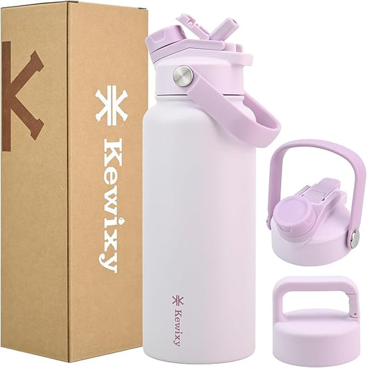 32 oz Insulated Water Bottle, 2-in-1 Lid, Straw & Spout with Protected, Leak Proof, Keep Cold, Stainless Steel, Metal, Reusable, Handle, for Outdoor, Gym and School, 2 Lids, Pale Mauve