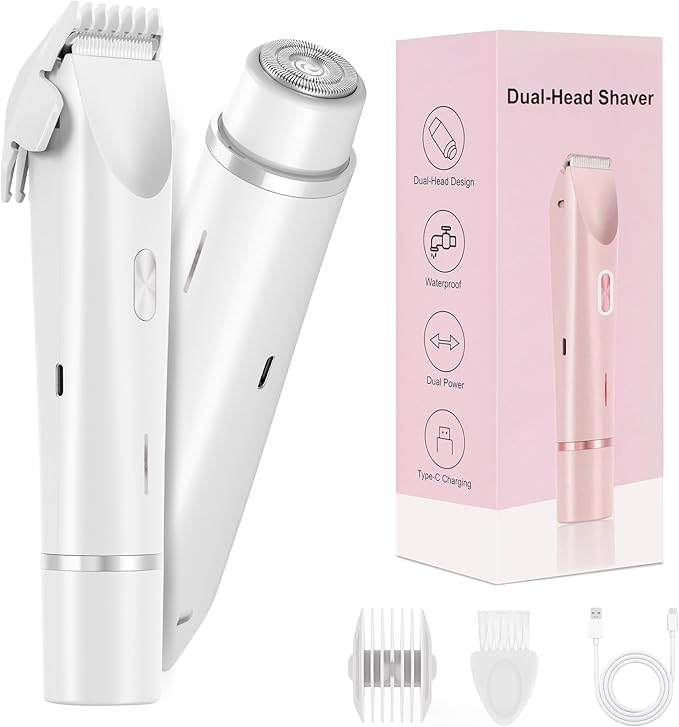 Bikini Trimmer for Women-2 in 1 Dual Head Electric Razors,IPX7 Waterproof Bikini Electric Shaver,Dry & Wet Use Painless Bikini Shaver,Pubic Hair Trimmer for Private Area & Body Hair,White