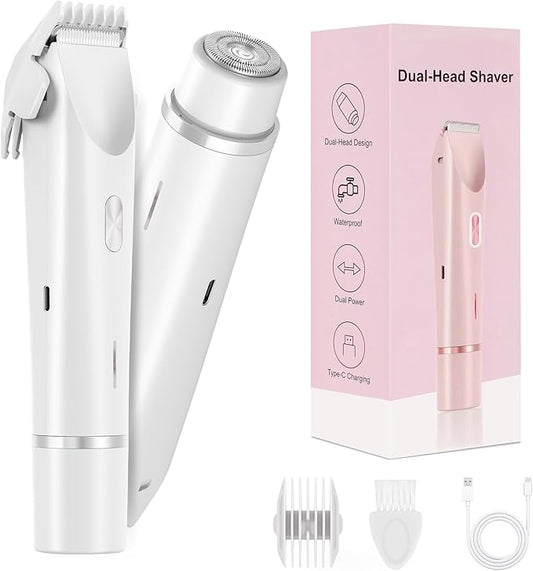 Bikini Trimmer for Women-2 in 1 Dual Head Electric Razors,IPX7 Waterproof Bikini Electric Shaver,Dry & Wet Use Painless Bikini Shaver,Pubic Hair Trimmer for Private Area & Body Hair,White
