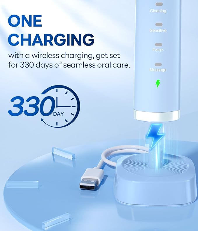 Bymore 8 Replacement Heads Electric Toothbrush for Kids, Ultra Clean Rechargeable Sonic Toothbrush Portable - Sky Blue