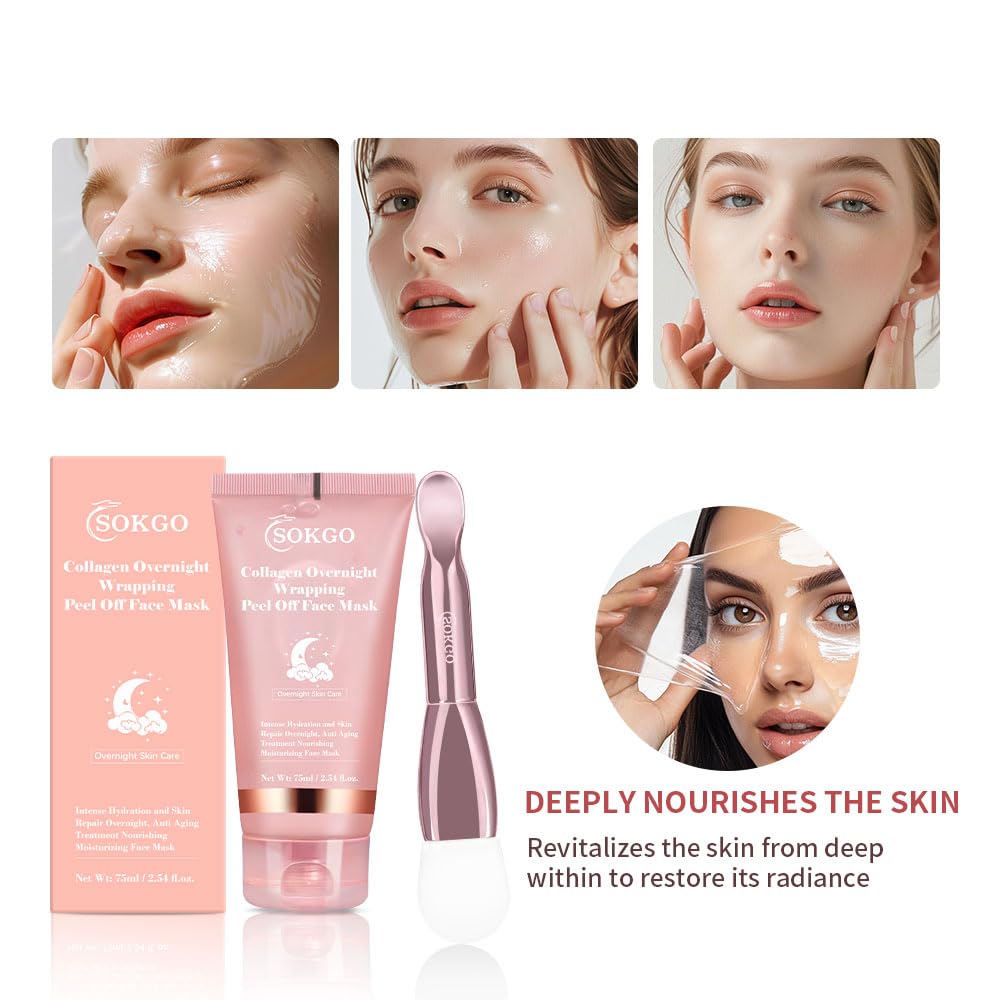 Sokgo Collagen Overnight Wrapping Mask, Intensive Hydration Anti Aging Overnight Skin Treatment, Boosts Elasticity and Firmness, Revitalizes Dull Skin Reduces Fine Lines and Wrinkles (1PCS)