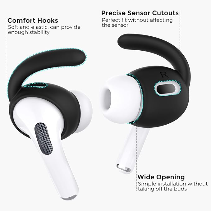 AhaStyle 3 Pairs AirPods Pro 2nd Generation Ear Hooks【Added Storage Pouch】 Anti-Slip Ear Covers Silicone Accessories Compatible with Apple AirPods Pro 2nd Generation (3 Large, Black)