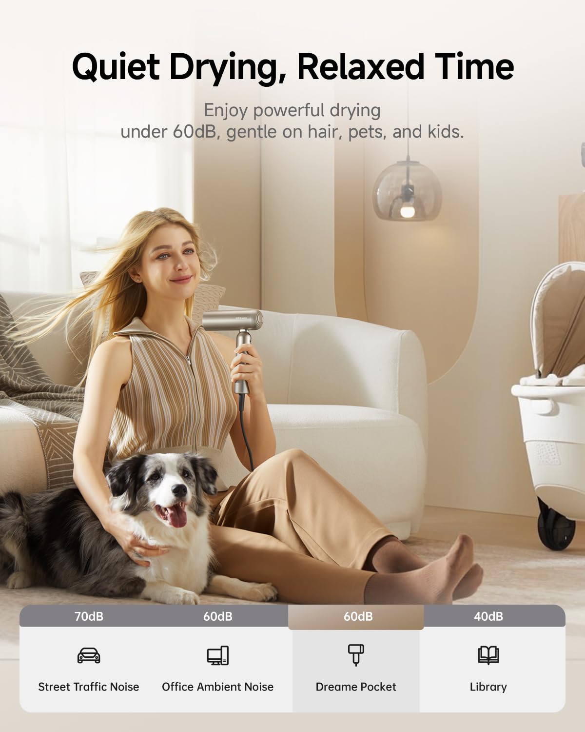 Dreame Pocket Hair Dryer - Ultra Lightweight Blow Dryer with 2 Styling Attachments, Fast Drying, High-Speed Brushless Motor, 300M Negative Ions, Low Noise, Portable for Home & Domestic Travel & Gym