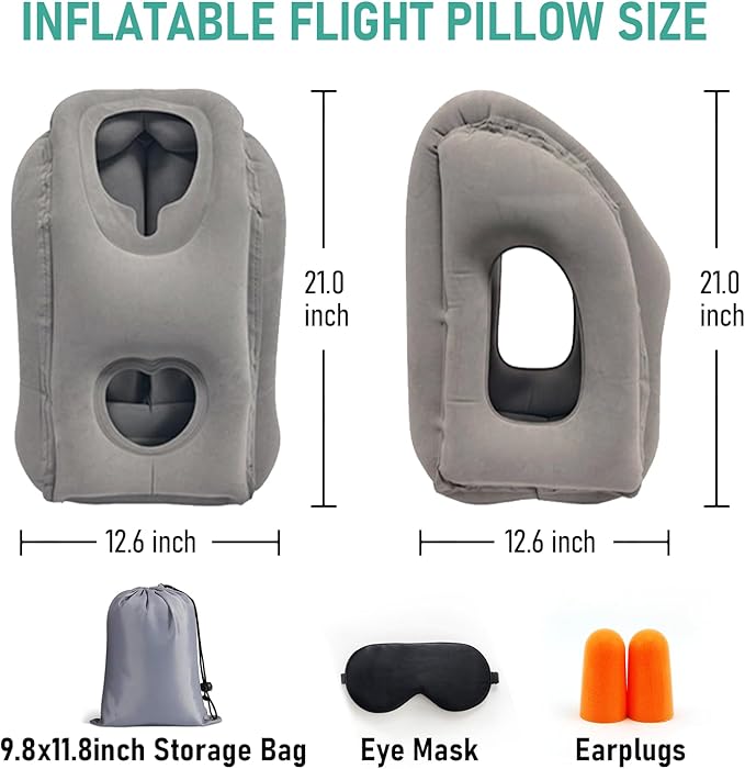 Inflatable Travel Pillow for Airplanes, Airplane Pillow for Supports Neck, Used for Planes, Trains, Cars, Includes Storage Bag, Eye Mask & Earplugs (Grey)