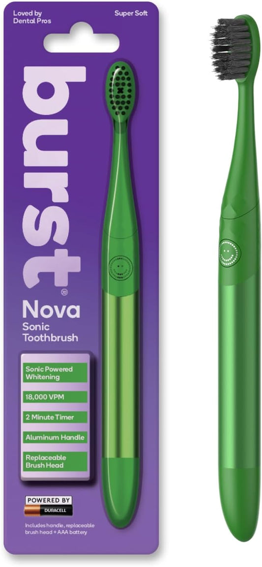 Burst Nova Toothbrush (Green) | Sonic Powered Teeth Whitening | Super-Soft Bristles | 18000 VPM | 2 Minute Timer | Aluminum Handle | Replaceable Brush Head | Compact Size | with AAA Battery
