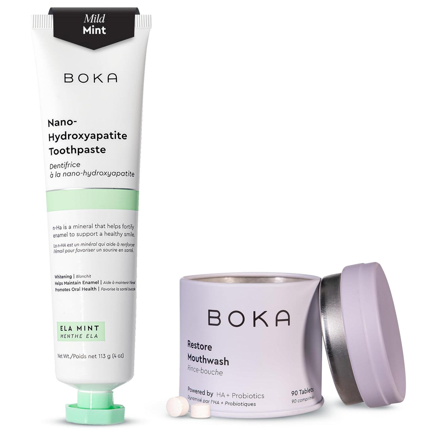 Boka Fluoride Free Toothpaste - Nano Hydroxyapatite - Ela Mint 4oz and Travel Size Mouthwash Tablets - Hydroxyapatite, Fluoride/Alcohol Free & Eco-Friendly