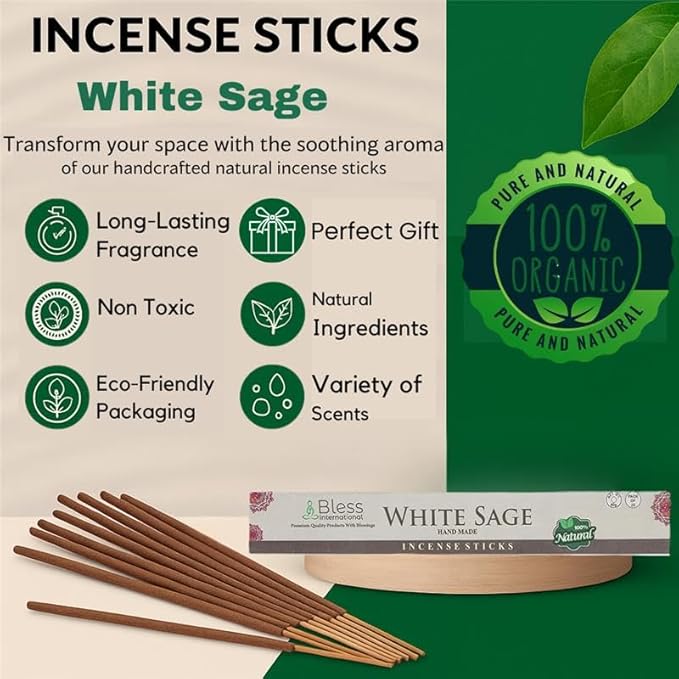 Bless-White-Sage 100%-Natural-Handmade-Hand-Dipped-Incense-Sticks Organic-Chemicals-Charcoal-Free Purification-Relaxation-Positivity-Yoga-Meditation Best-Woods-Scent (500 Sticks (26 OZ))