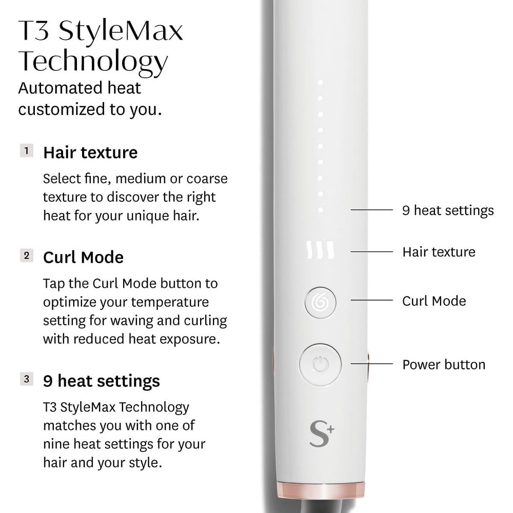 T3 SinglePass StyleMax Professional 1" Ceramic Flat Iron with Custom Heat Automation, 9 Heat Settings, Longer Ceramic Plates, For Straightening, Waving, Curling & Styling