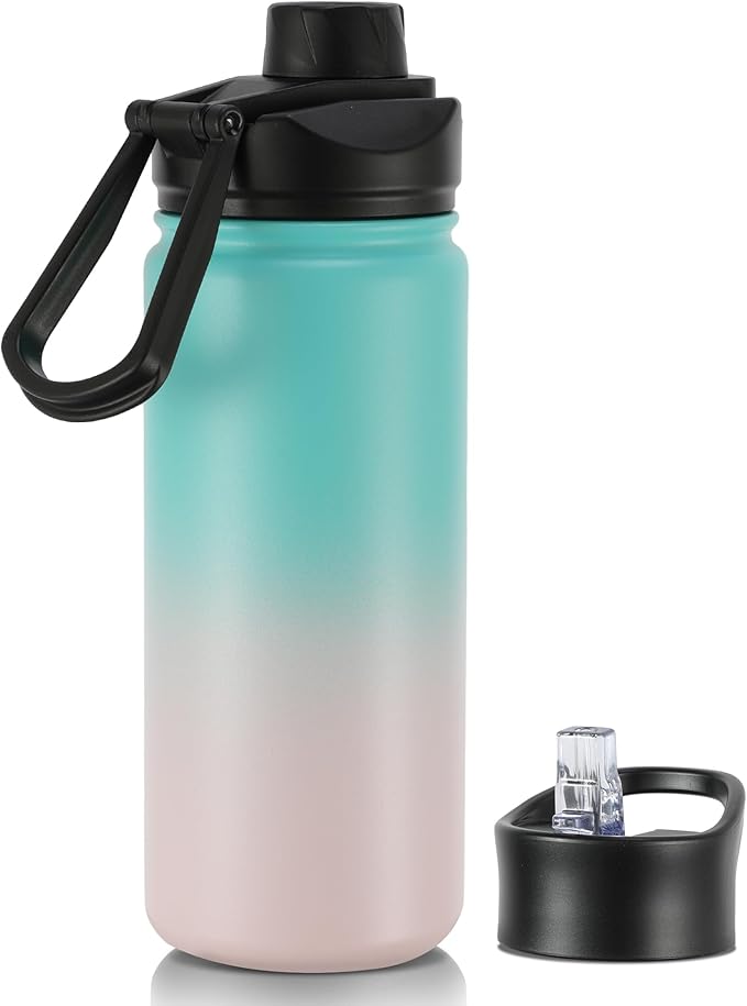 16 oz Insulated Water Bottle with Straw Lids, Stainless Steel Kids Water Bottles for School, Double Wall Vacuum Metal Water Bottle with Straw & Wide Mouth Lid, Bubble Gum 1 Pack