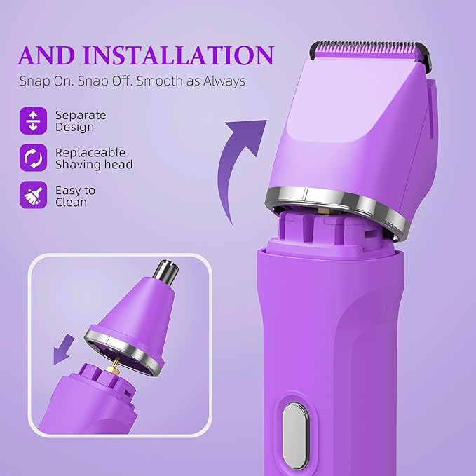5-in-1 Bikini Trimmer for Women, IPX7 Waterproof Electric Razors Shaver, Cordless Body Hair Trimmer, Facial & Pubic Hair Removal, Ceramic Blade (Eggplant)
