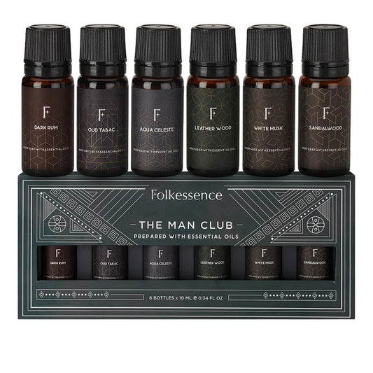 Folkulture Essential Oils Set for Men | Set of 6 (0.34 Fl Oz or 60ml) Diffuser Oils for Home | Oud Tabac, Sandalwood, Leather Wood | Fragrance Oil
