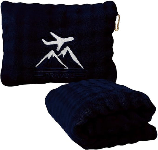 Travel Blanket and Pillow-2-in-1, Ultra-Soft&Compact, One-Piece Airplane Blanket with Hand Luggage Belt and Backpack Clip,Travelers Accessories Gifts, 61x43 Inches（Navy）