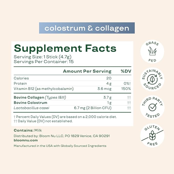 Bloom Nutrition Bovine Colostrum Powder Packet, Gut Health, Immune Support, Hair Growth & Beauty Supplement, Gluten Free, Sugar Free | Unflavored, 15 Servings