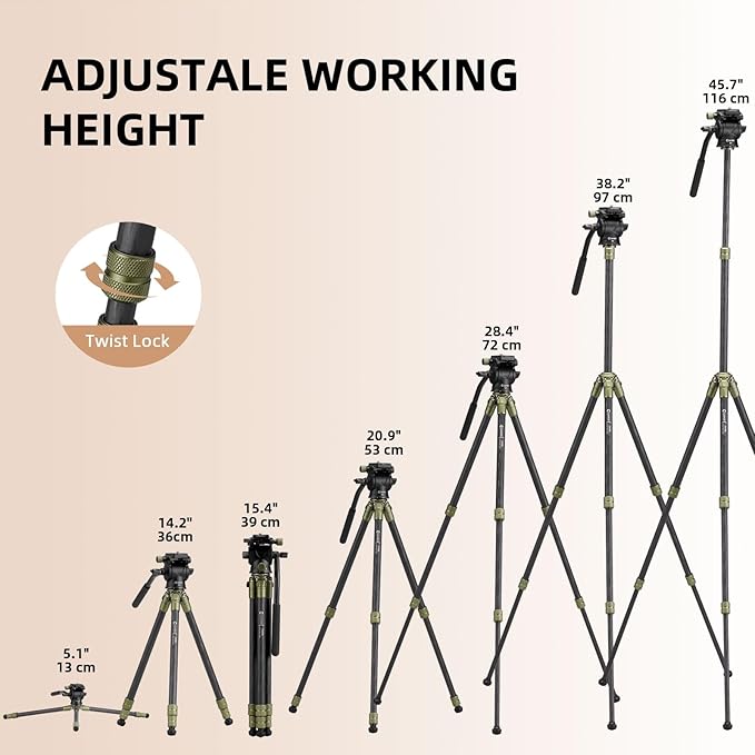 Cayer CH10L Carbon Fiber Tripod with S1 Mini Fluid Head, 28" Compact Desktop Stand, Tabletop Camera Support with Center Column for Mirrorless Cameras Video Camcorder Mobile Phone Webcam - Green