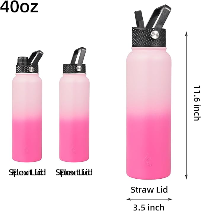 BJPKPK Insulated Water Bottles with Straw Lid, 40oz Stainless Steel Metal Water Bottle with 3 Lids, Reusable Thermo, Keep Cold Hot for Sports, Gym-Cherry