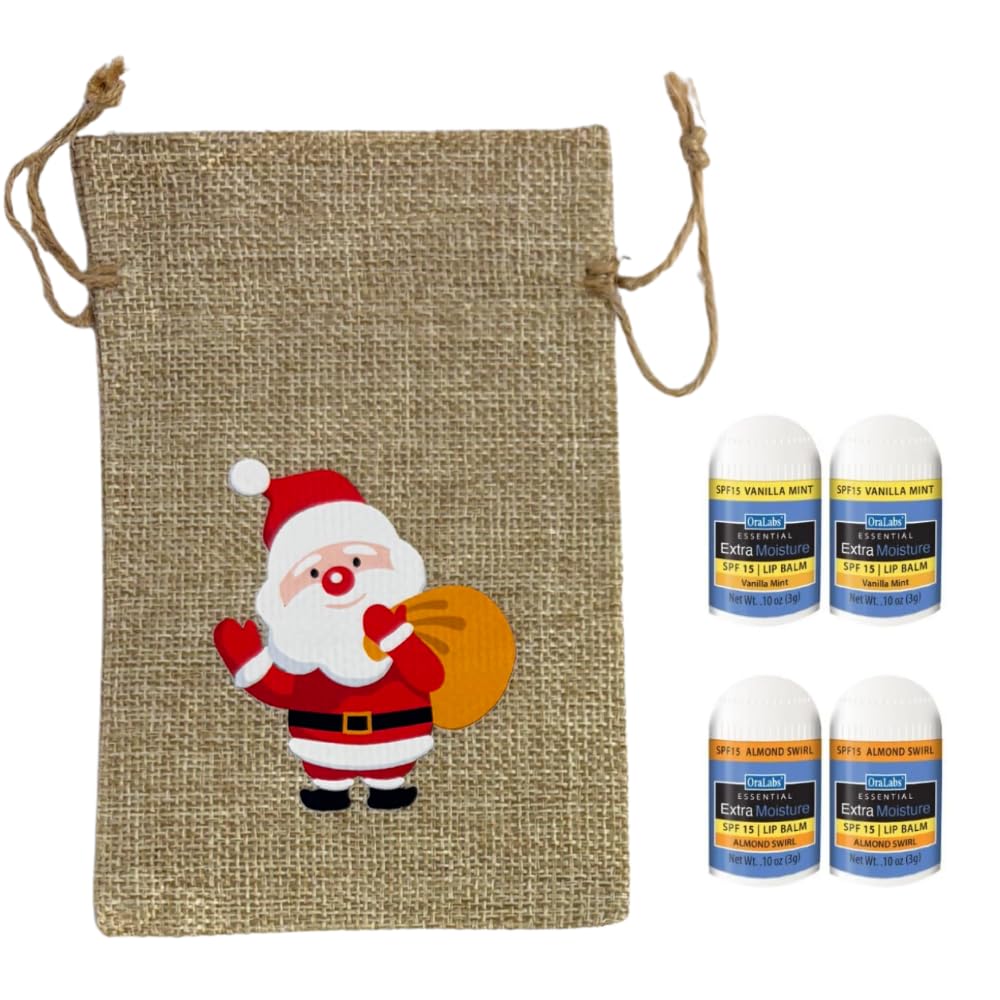 SPF Mini Lip Balm Holiday Stocking Stuffer – 4 Pack (Vanilla Mint & Almond Swirl) – Choose 1 Small Gift Bag Design: Santa, Reindeer, Snowman, or Penguin (Santa)