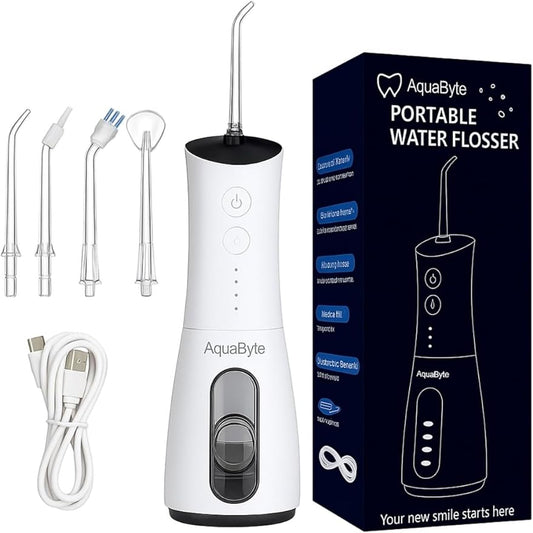 AquaByte Cordless Professional Water Flosser. Dental Oral Irrigator for Teeth, Braces, Gums. Electric Power with 5 Different Types of Nozzles. 4 Pressure Operation Modes. Including a USB-C Charger.