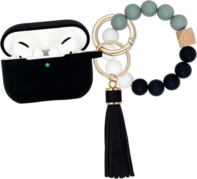 Compatible with Airpods Pro Soft Silicone Case Cover with Bracelet Keychain for Apple Airpod Pro 1st Generation Case for Women (Black)