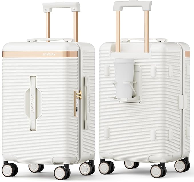 Joyway 22 Inch Carry on Luggage with Cup Holder, Hard Shell Suitcases with Shock Absorbing Spinner Wheels and Pressure-resistant Frame, Lightweight Carry-on Luggage with TSA Lock, Beige
