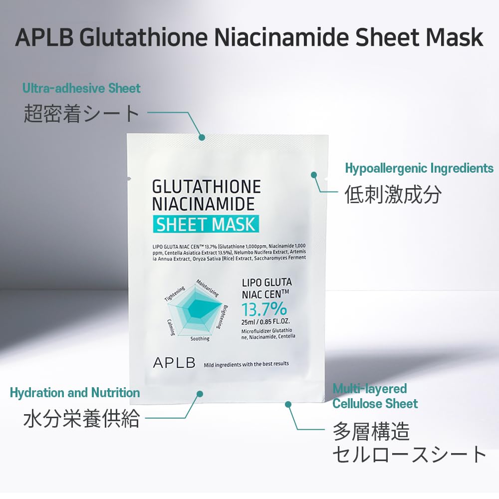 APLB Glutathione Niacinamide Sheet Mask 10pcs | LIPO GLUTA NIAC CEN™ 13.7% 0.85 FL.OZ/Korean Skincare, Deep hydration & Soothing, Sensitive Skin, Improve skin elasticity