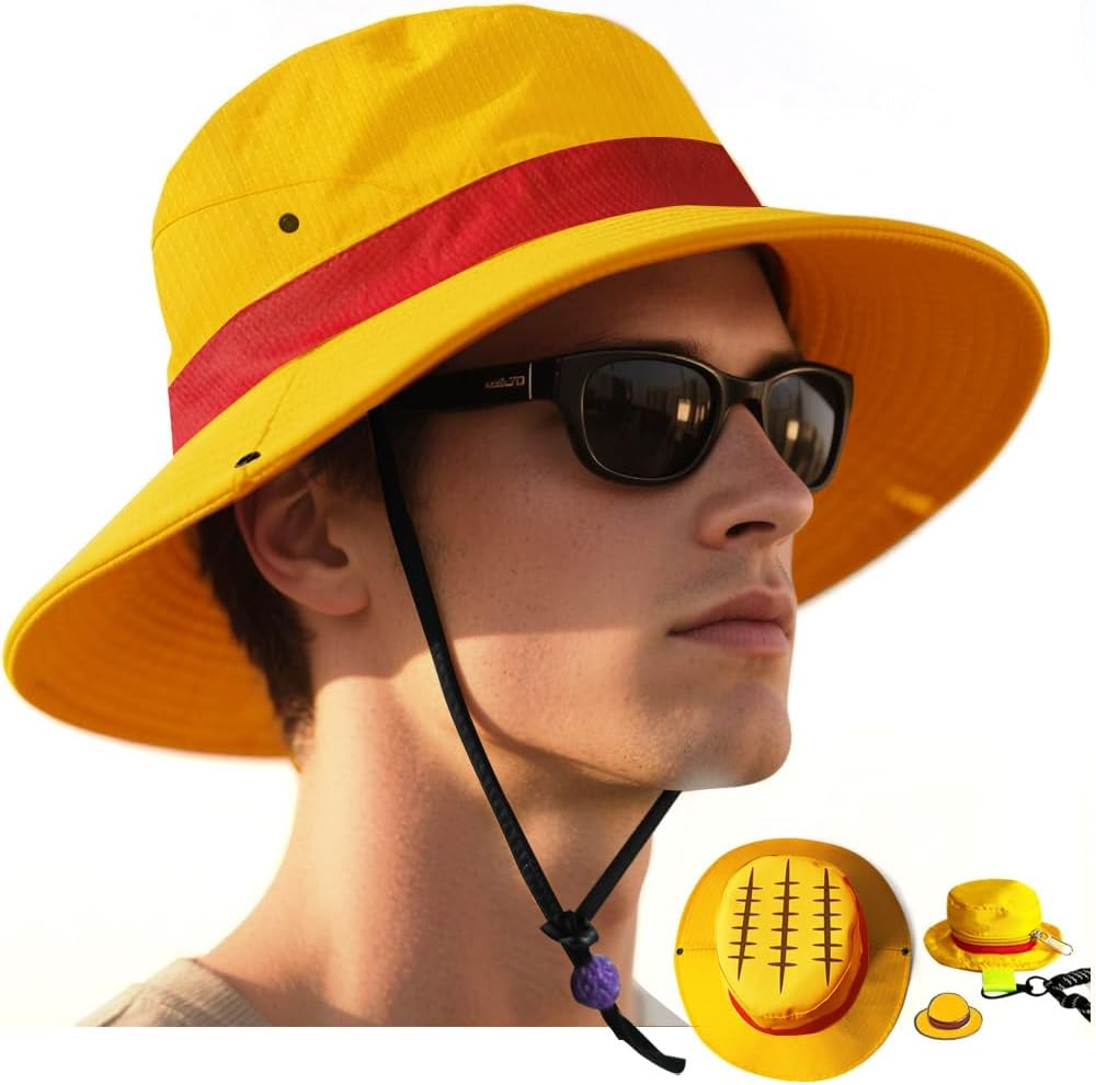 3-in-1 OP Captain Inspired Sun Hat Set - UPF 50+ Foldable Wide Brim Bucket Hat with Adjustable Back Vent + Strawhat Key Case & Enamel Pin, Unisex Waterproof Outdoor Hat for Women/Men
