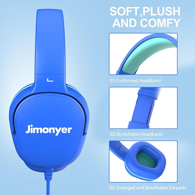 Kids Headphones for School, 3.5mm Jack Wired Headphones for Kids with Safe Volume Limiter, HD Stereo Sound On-Ear Girls Boys Toddler Headphone for Tablet, iPad, Kindle(Blue)