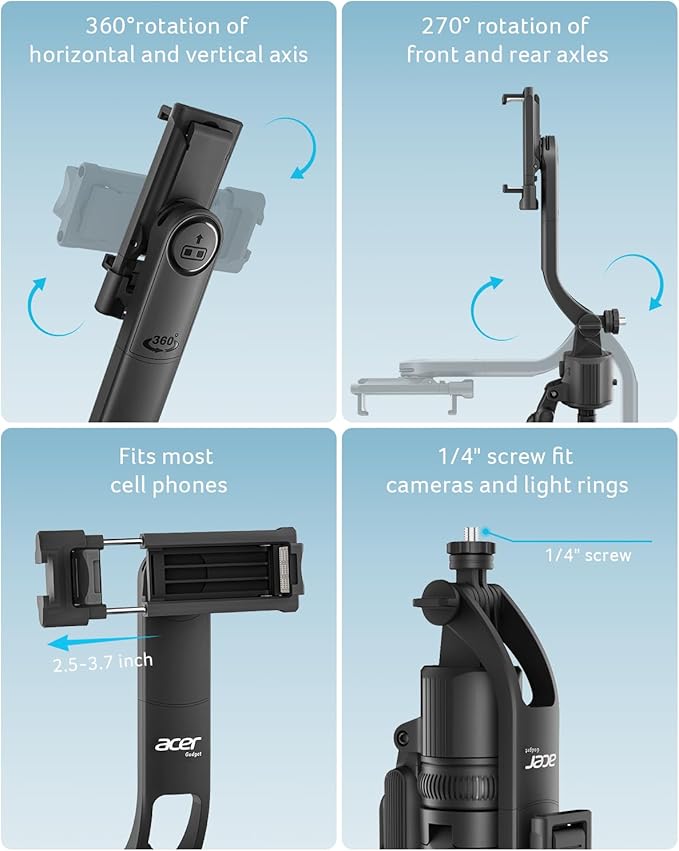 acer Auto Face Tracking Tripod for iPhone/Cell Phone/Android/Camera with Light and Remote, 64", No App, 360°Rotating Tripod Selfie Stick for Tiktok YouTube Vlog Live Streaming Video Recording