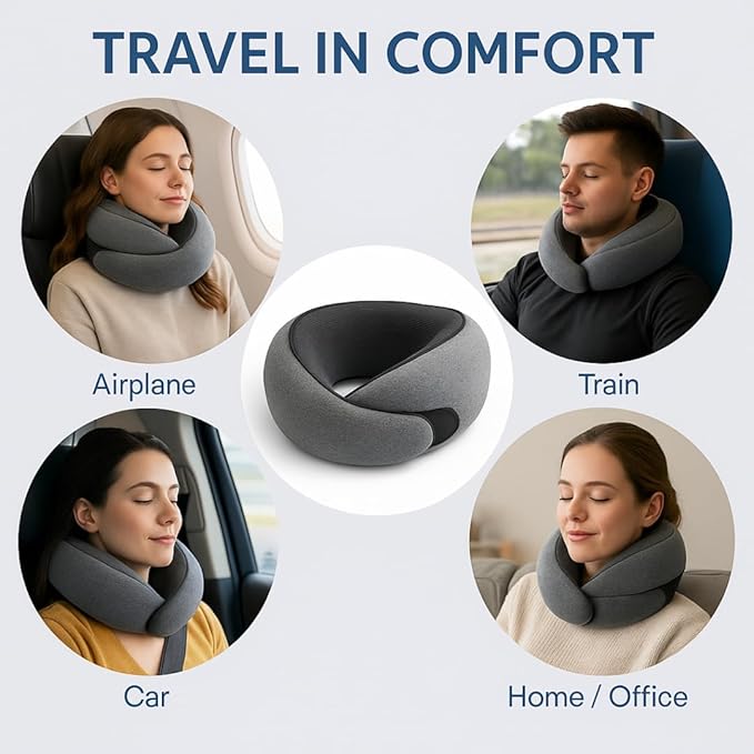 Neck Pillow Set for Travel, Flight, or Car (Incl. Sleep-mask, Ear-Plug) (Light Grey)