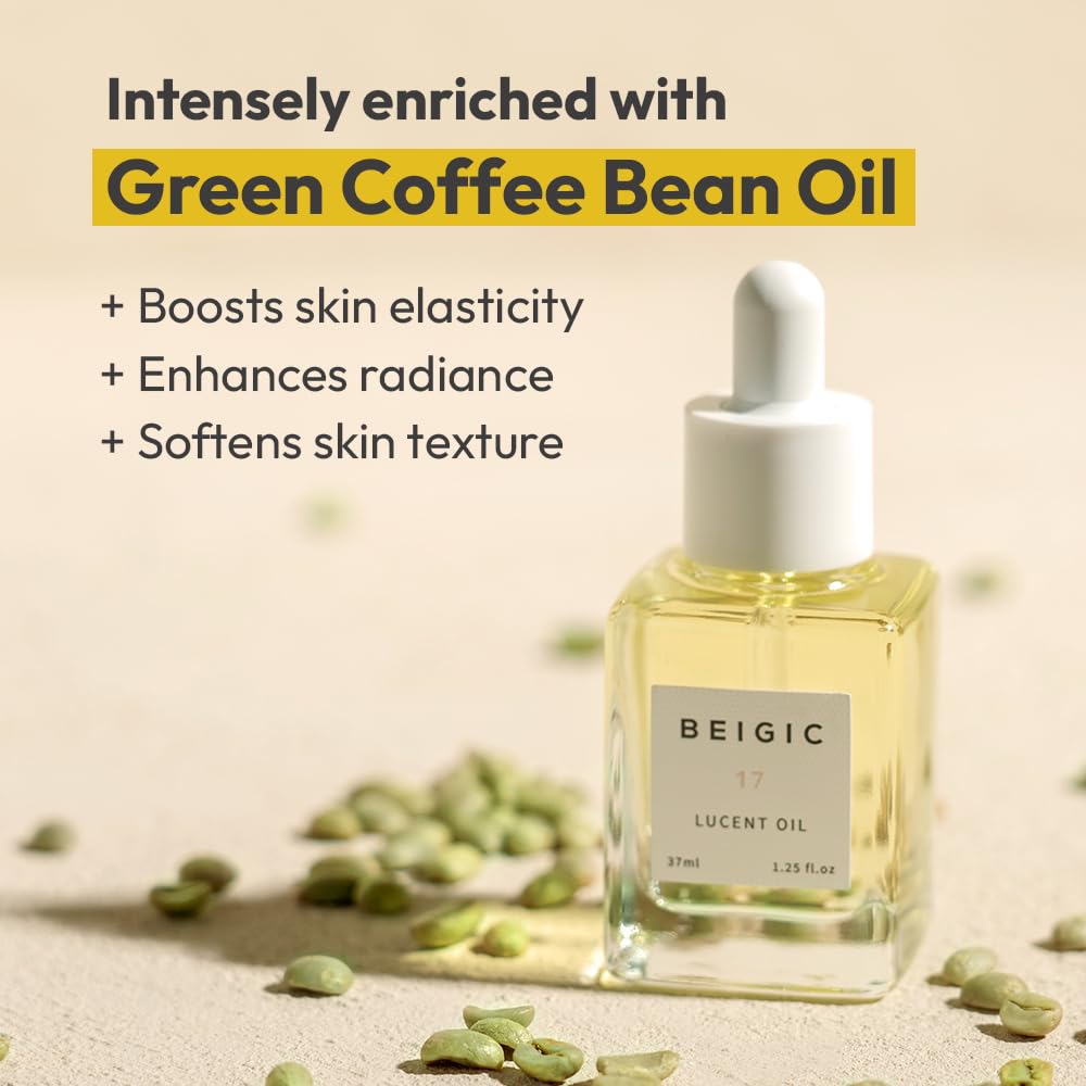 BEIGIC Lucent Oil - Vegan Face Oil Firming Hydrating Serum with Green Coffee Bean, Argan, Rosehip Oils & Squalane for Glowy Skin (1.25 Fl. Oz)