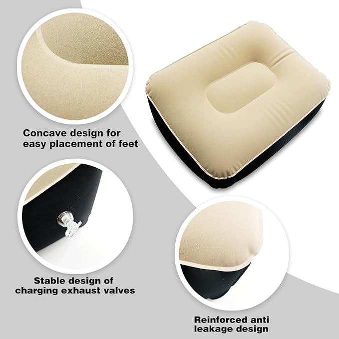 Inflatable Foot Rest, Carseat Inflatable Foot Rest Pillow, Airplanes Inflatable Foot Rest Cars, Travel Footrest Pillow for Home Office,Trains (Light tan with Black, 14.5" L×11.8" W×7.9”H)