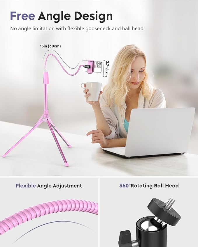 Aureday Phone Tripod, 92" Cell Phone Stand with 15" Gooseneck, Remote and Phone Holder, Overhead & Selfie Stick for Recording/Watching/Vlog, Compatible with iPhone Android, Pink