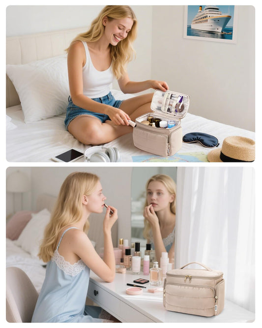 WANDF Travel Toiletry Bag for Women, Wide-open Large Makeup Bag with Handle, Puffy Makeup Organizer for Toiletries, Cosmetics, Accessories, Essentials (Light Khaki)