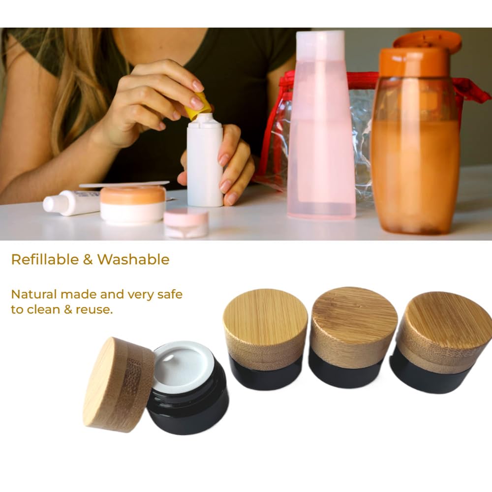 BEECO GIF2U Empty Refillable Glass Cosmetic Jar 4 Pack 5g/0.17oz with Bamboo Lids,Skin Care Travel Containers Pot Vial Holder Sample Storage for Eye Cream Lotion Ointments Lip Balm Brown