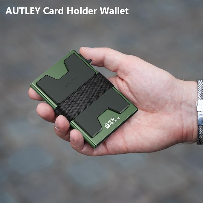 AUTLEY Slim Wallet For Men, Minimalist Mens Wallet Pop Up Wallet, Rfid Blocking Credit Card Holder Wallet with Cash Band (Green)