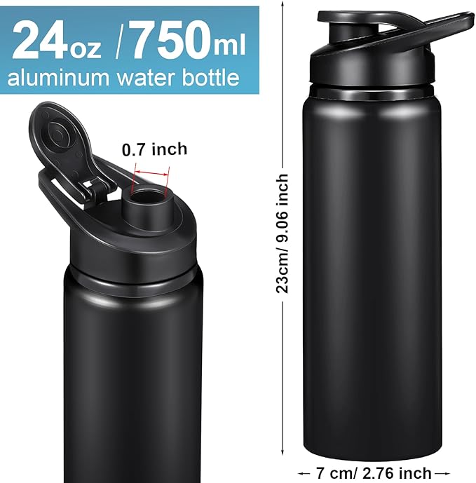 CHENGU 4 Pcs Aluminum Water Bottle 24oz Aluminum Reusable Bottles Lightweight Snap Lid Sports Water Multipack Easy Carry Leak Proof Travel for Gym Camping Hiking Outdoor Fishing (Black)