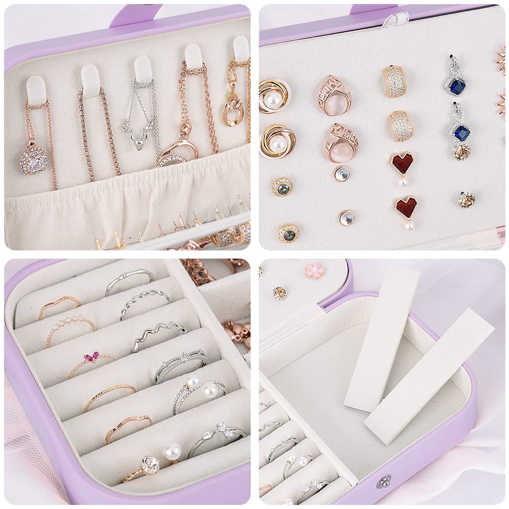 jiemei Jewelry Box, Travel Jewelry Organizer Cases with Doubel Layer for Women’s Necklace Earrings Rings and Travel Accessories (Purple)