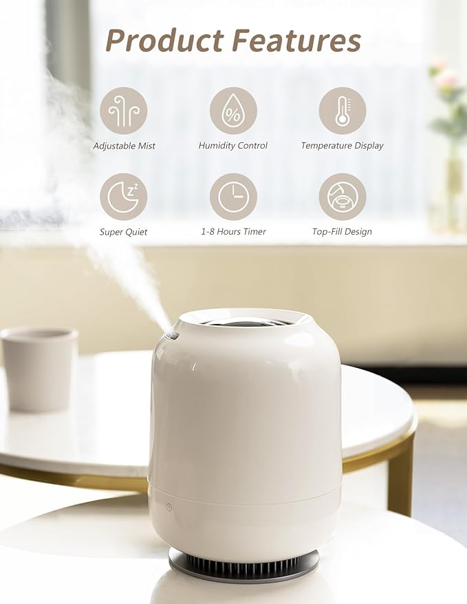 SmartDevil 1.2L Cool Mist Humidifier, Top Fill Ultrasonic Smart Air Humidifier with Essential Oils, Timing, Auto Shut Off for Home Babies Plants