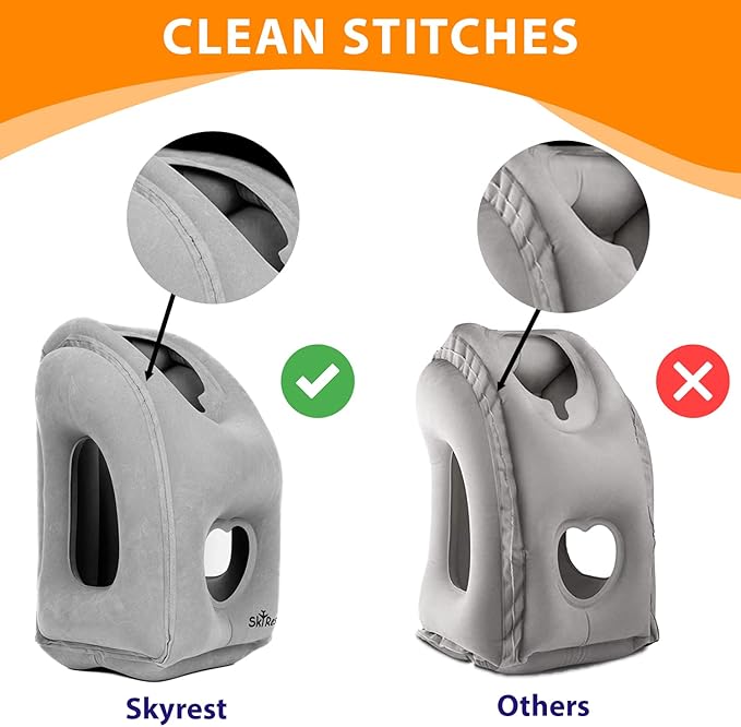 Inflatable Travel Pillow - Airplane Pillow for Neck Support on Long Flights, Buses, Cars, Office & Trains - Comes with Eye Mask, Earplugs & Portable Drawstring Bag - Grey