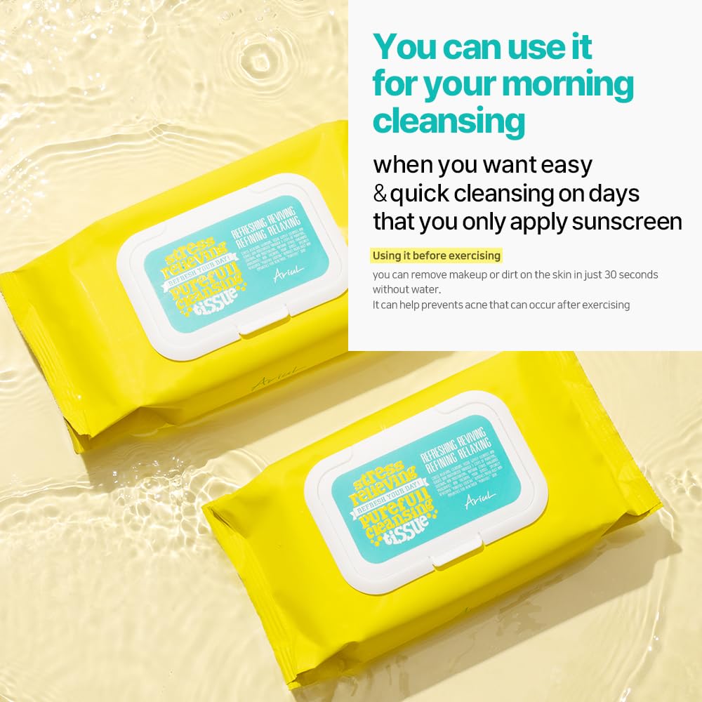 Ariul Stress Relieving Purefull Cleansing Tissue – Gentle & Hydrating Makeup Remover Wipes, Korean Skin Care with Natural Ingredients, 80 Counts × 2 Packs