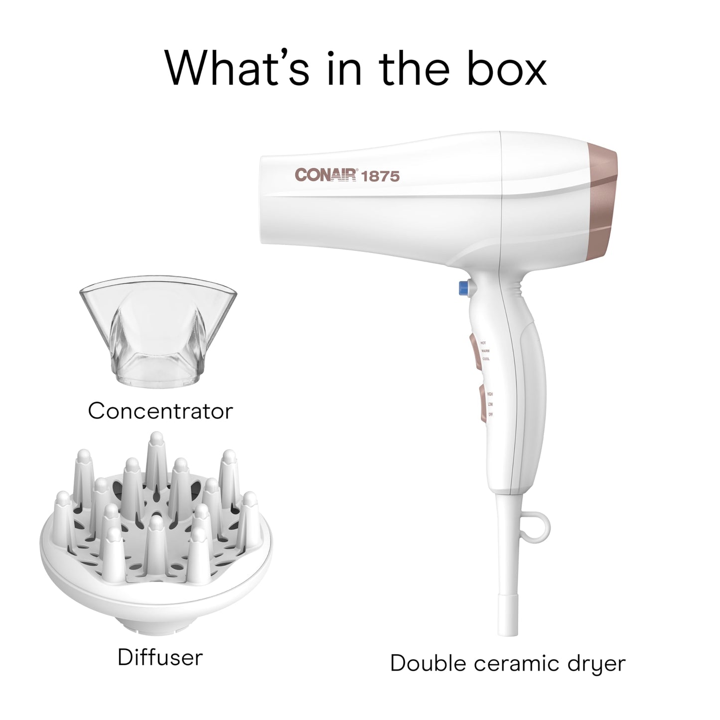 Conair Double Ceramic Hair Dryer, 1875W Blow Dryer with Diffuser and Concentrator, Ionic Conditioning, 3 Heat & 2 Speed Settings, Amazon Exclusive, White