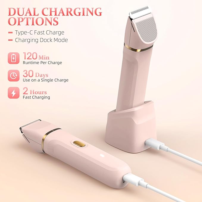 5-in-1 Bikini Trimmer for Women, IPX7 Waterproof Electric Razors Shaver, Cordless Body Hair Trimmer, Facial & Pubic Hair Removal, Ceramic Blade (Blush)