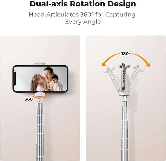 K&F Concept Selfie Stick for iPhone, Auto Open & Close Phone Tripod Stand, 360° Rotatable Selfie Stick with 9 Button Bluetooth Remote, Extendable Automatic Tripod for Cell Phone(White)